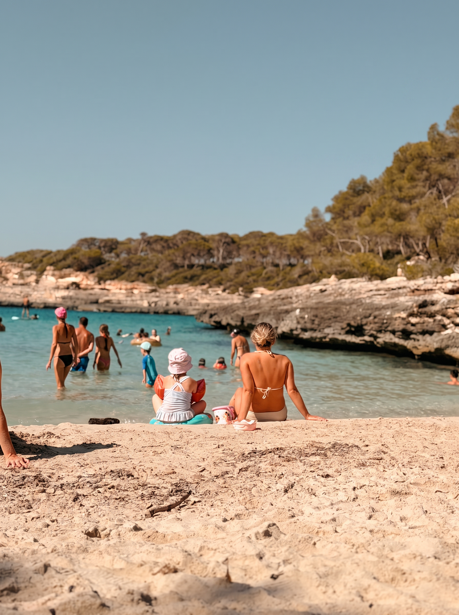 Frauen und Familien an einer türkisfarbenen Badebucht auf Mallorca im warmen Sonnenlicht